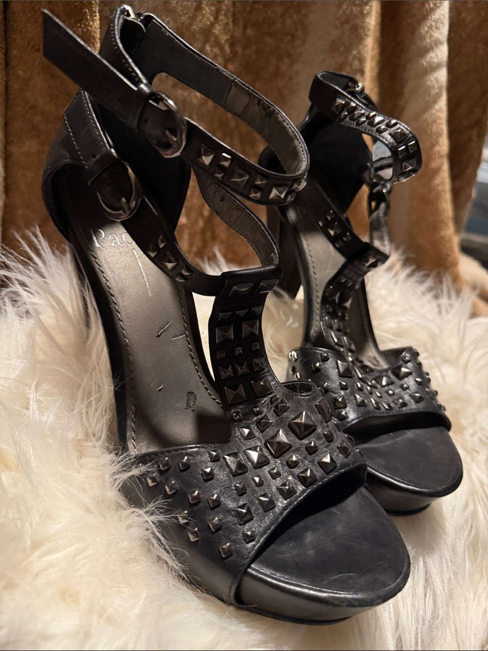 Paolo Black Studded T-Strap High Heels